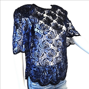 Vintage Scala Blue & Black Sheer Lace Scalloped Hem & Sleeve Beaded Sequined Top
